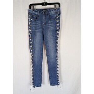 Fashion Nova Jeans 9 Junior's Blue Full Lace Up Leg Skinny High Rise Baddie